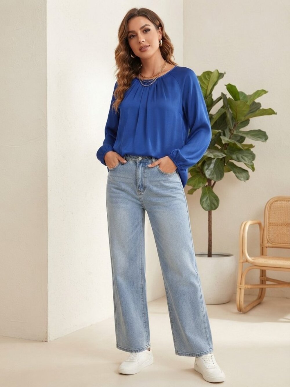Royal Blue Silky Long Sleeve Pleated Tunic Blouse 1X